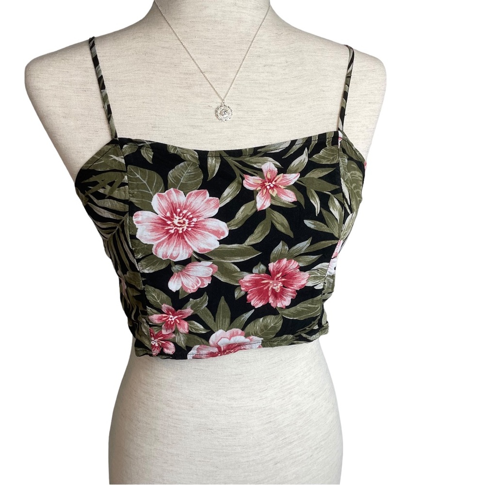 American Eagle Tropical Floral Hawaiian Crop Tank Top Black Pink Size M Women